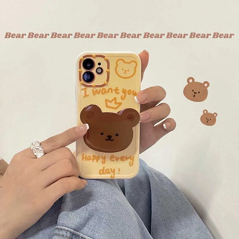

Japan Korean Yellow Blue Letter Bear Bracket Soft Phone Case For IPhone 7 8 PLus X XR XS 11 12 13 Pro Max Cute Bumper Back Cover