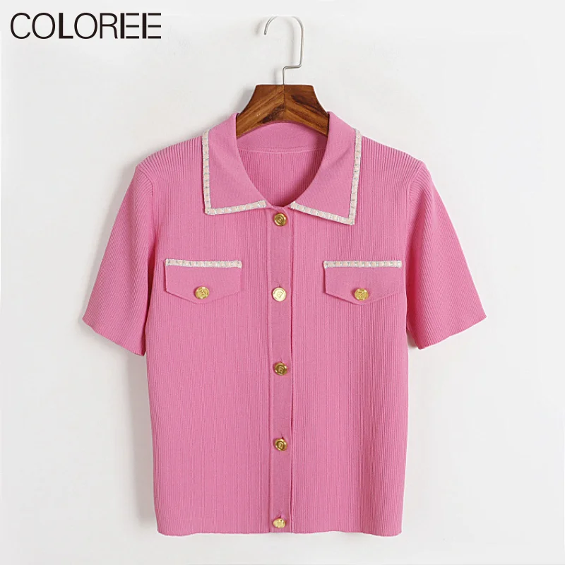 

Luxury Designers Gold Button Knitwears Women 2023 Summer Luxury Gold Buttons Short Sleeve Top Mujer Casual Pull Femme