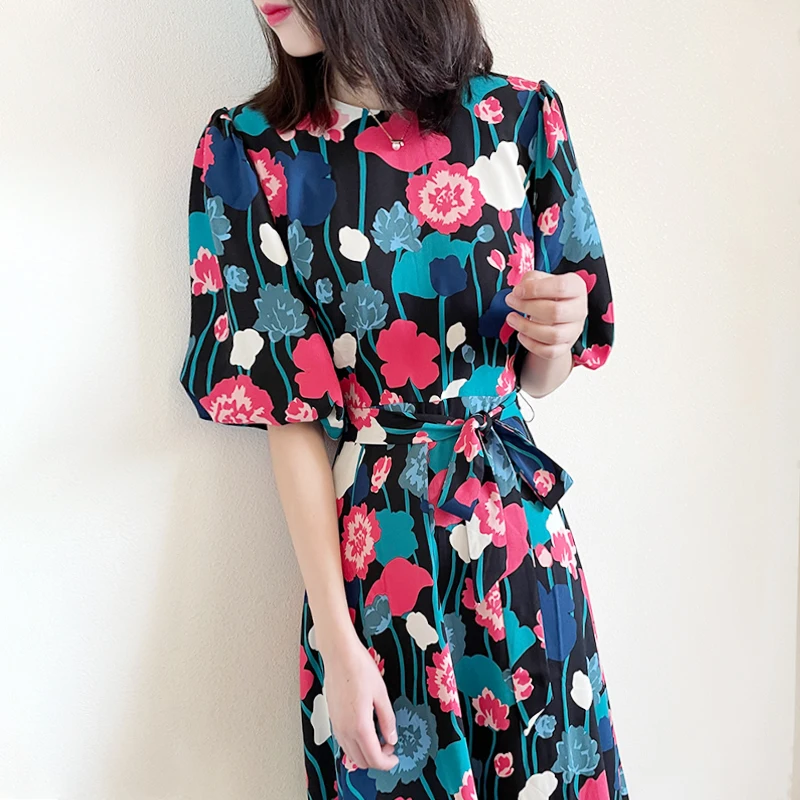 

Vintage Floral Print Puff Sleeves Belted Waist Midi Dress US 0-8