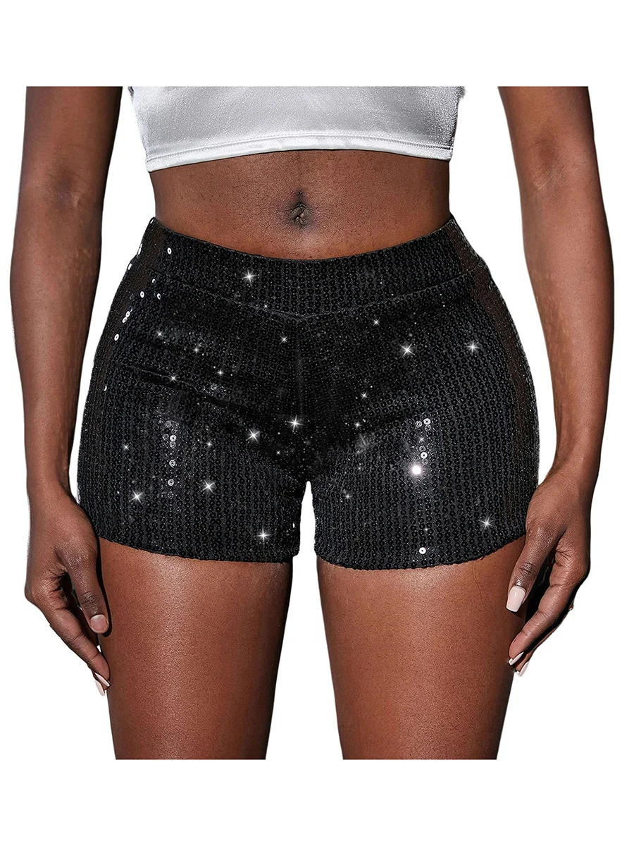 

Women s Sequin Shorts High Elastic Waist Solid Shiny Glitter Clubwear Party Skinny Shorts Sparkly Hot Pants