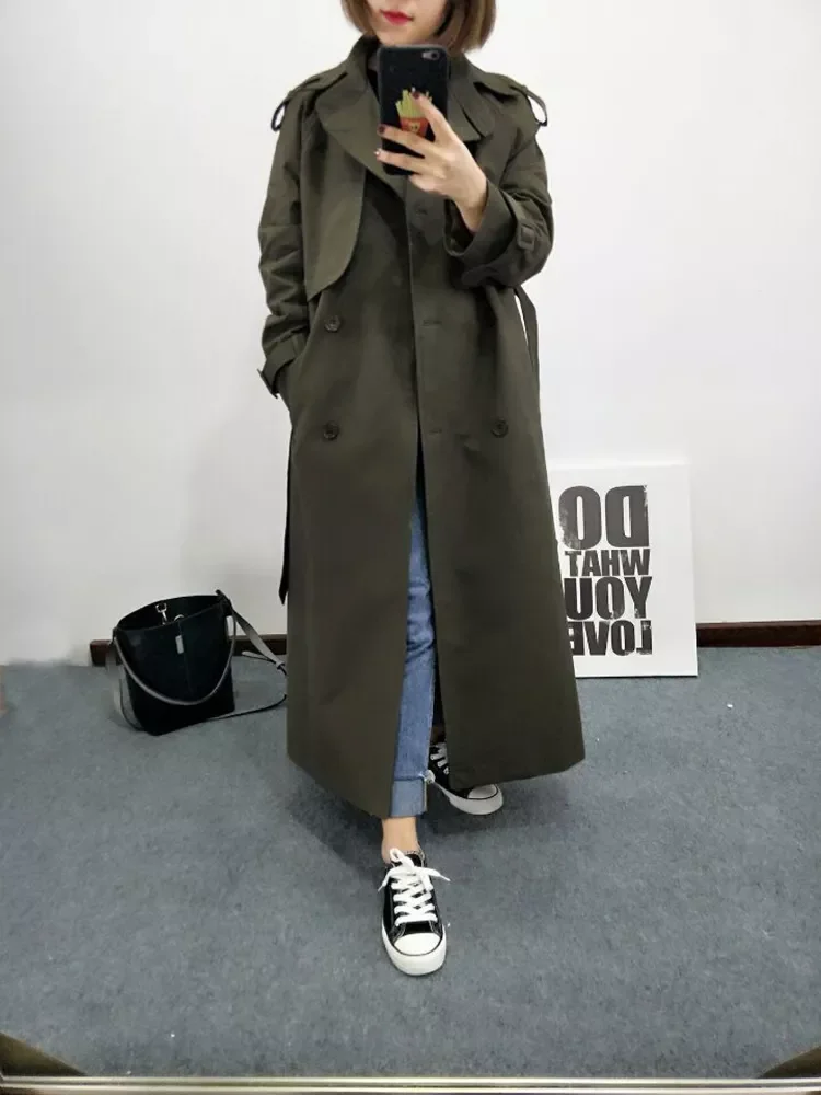 

2023New Fall /Autumn Women Casual Double breasted Simple Classic Long Trench coat with belt Chic Female windbreaker