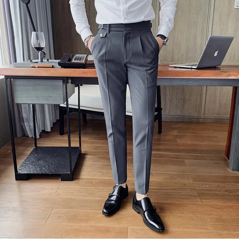 Мужские брюки в британском стиле повседневные облегающие однотонные Корейском