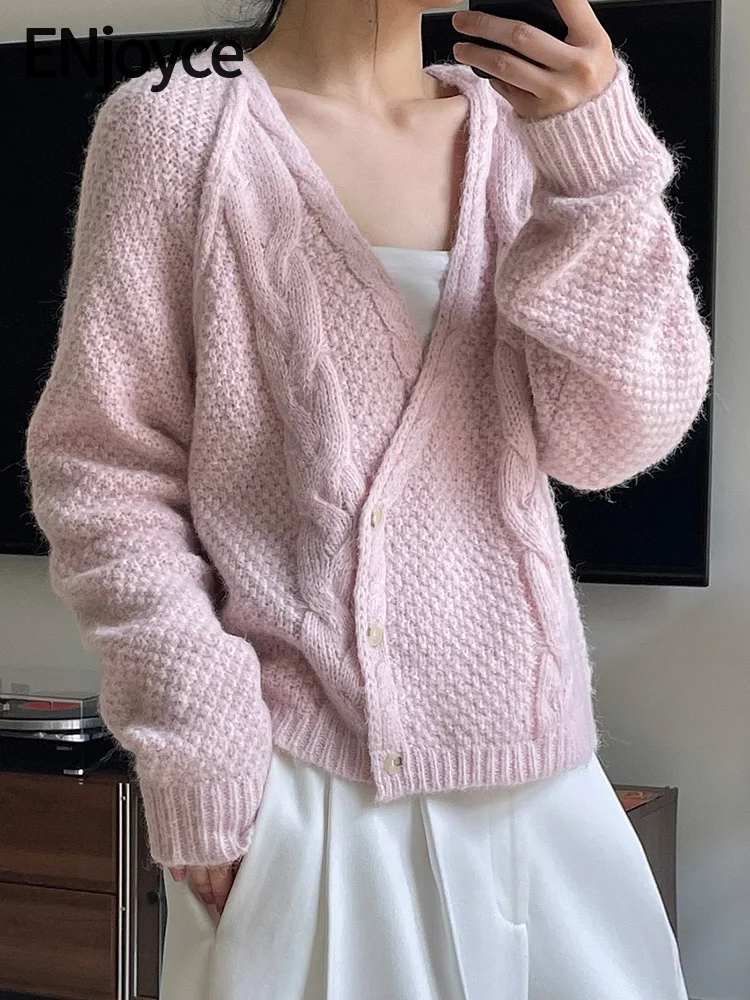 

ENjoyce Autumn Winter Women Gentle Slanted Wool Knitted Sweater Ladies Casual Loose Single Breasted Cardigans Cropped Knitwear