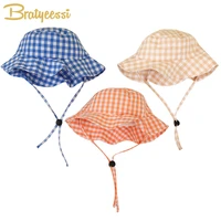 new summer baby hats for girls boys plaid travel baby sun hat with windproof rope cotton kids bucket hats children accessories