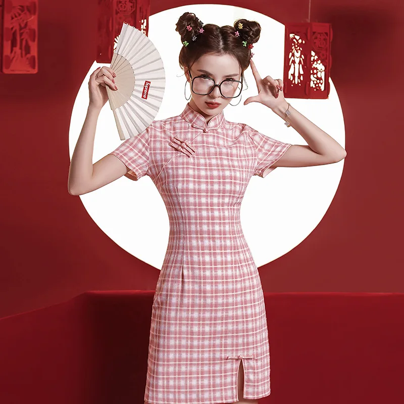 

2022 Summer Cotton Literary Plaid Short Sexy Cheongsam Girl Chinese Style Modern Improved Qipao Asian Quipao Dress for Women