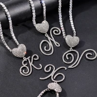 shiny cursive initial letters heart pendant necklace bling gold silver color zircon tennis chain necklace women trendy jewelry