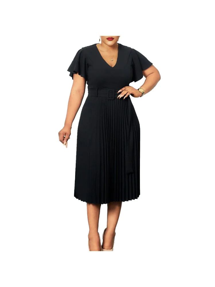 V-Neck Ruffle Sleeve Cross border Large Pleated Mother plus size  party dresses