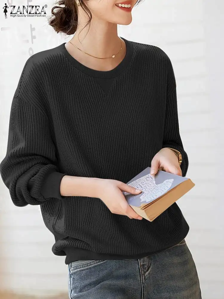 Модные женские трикотажные топы ZANZEA с круглым вырезом и длинным рукавом осенняя