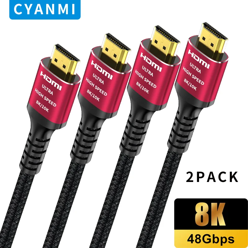 Фото CYANMI 2-Pack 8K HDMI 2,1 кабели 48 Гбит/с высокоскоростная оплетка раньше 120 Гц 8K @ 60 Гц Совместимость с Roku TV/PS5/PS4/RTX 3080 3090 №1