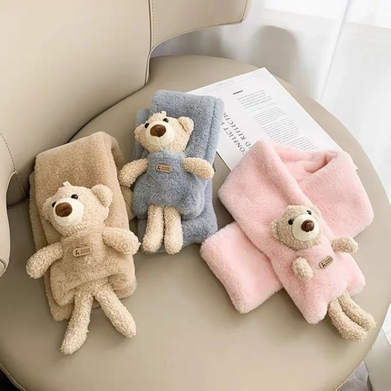 

Cartoon Cute Bear Scarf Children's Imitation Rabbit Fur Thickened Scarf Boys and Girls Winter Plus Velvet Scarf Baby Warm Scarf