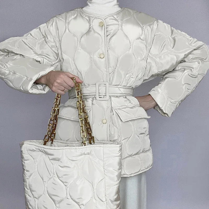 Ardm Casual O-Neck Button-Up Belt Cotton French Parkas Quilted Winter Coat Women Elegant Long Sleeve Pockets Top Warm Jacket