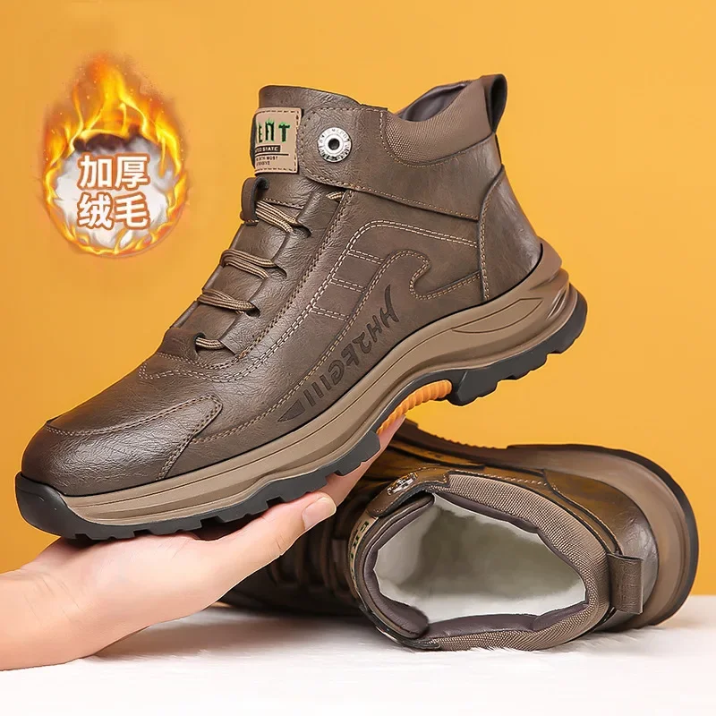 

Мужские зимние кожаные ботинки, коричневые водонепроницаемые ботинки с плюшевой подкладкой, сохраняющие тепло кроссовки, уличные ботильоны для снега, повседневная обувь, 2023