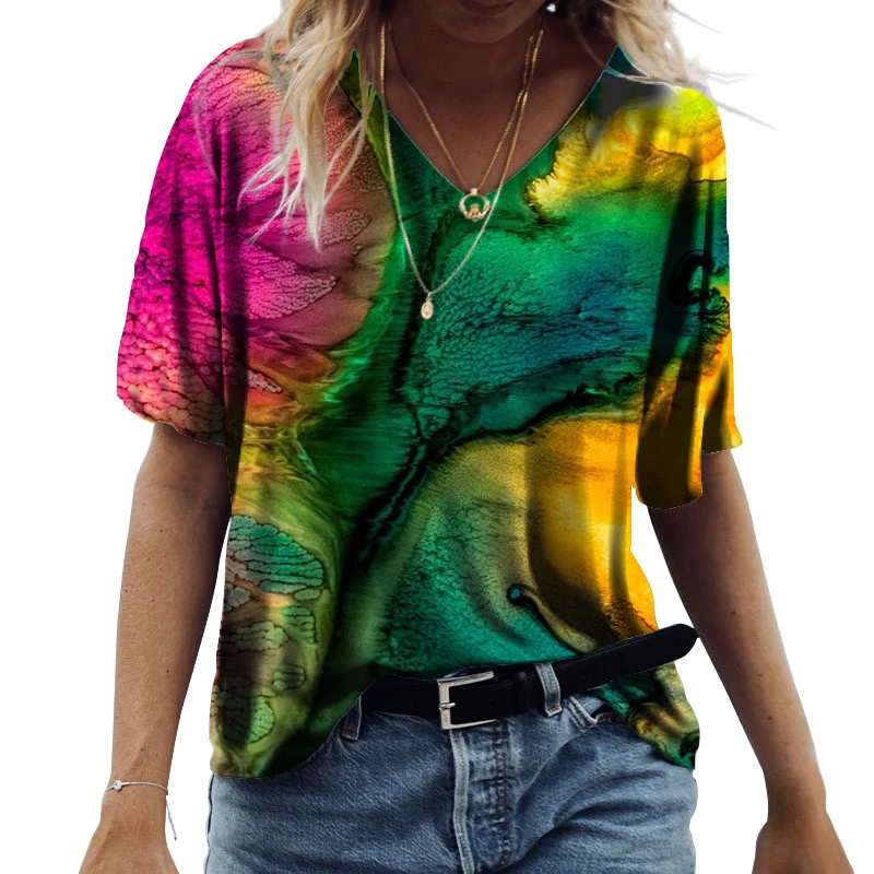 

Summer Oversized Tops Women Short Sleeve Tie Dye Print T Shirts Fashion Casual V-Neck Loose Ladies Tshirts Streetwear Clothing