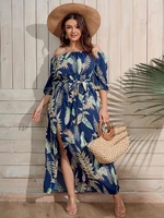 finjani tropical print split thigh belted dress plus size women slash neck sexy temperament robe summer 4xl maxi dress