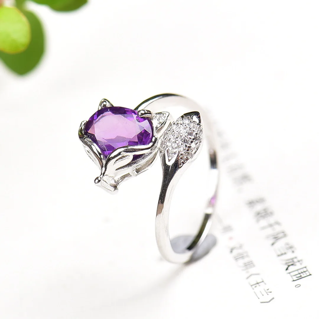 

1 Pc Fengbaowu Natural Stone Amethyst Ring Oval Faceted Shape 925 Sterling Silver Fox Crystal Healing Stone Fashion Jewelry Gift