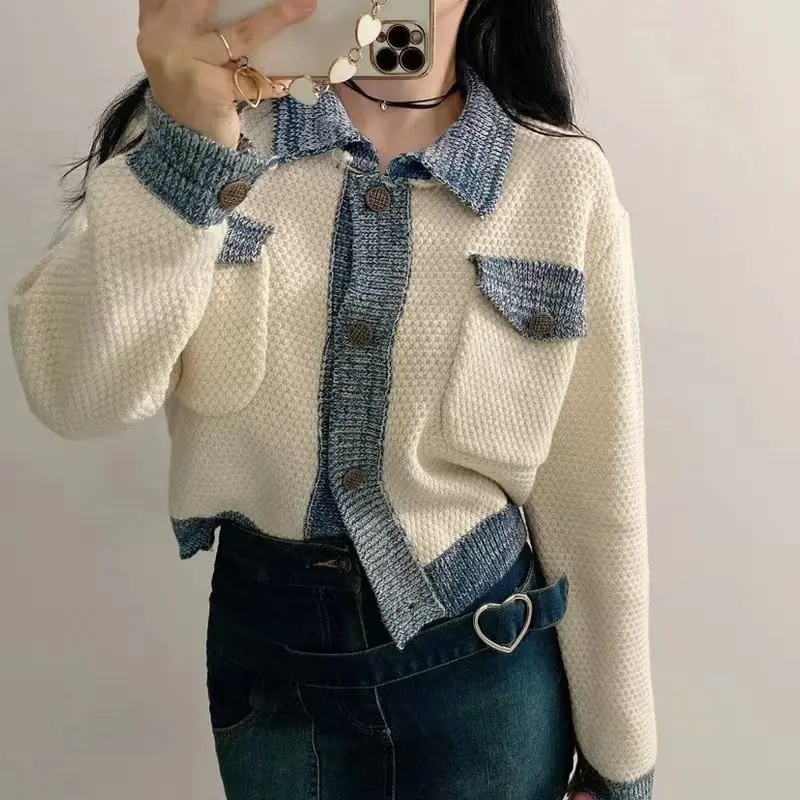 

Autumn Vintage Single Breasted Knitted Cardigan korean Contrast Color Knitted Cardigan Women Long Sleeve casual loose Sweater