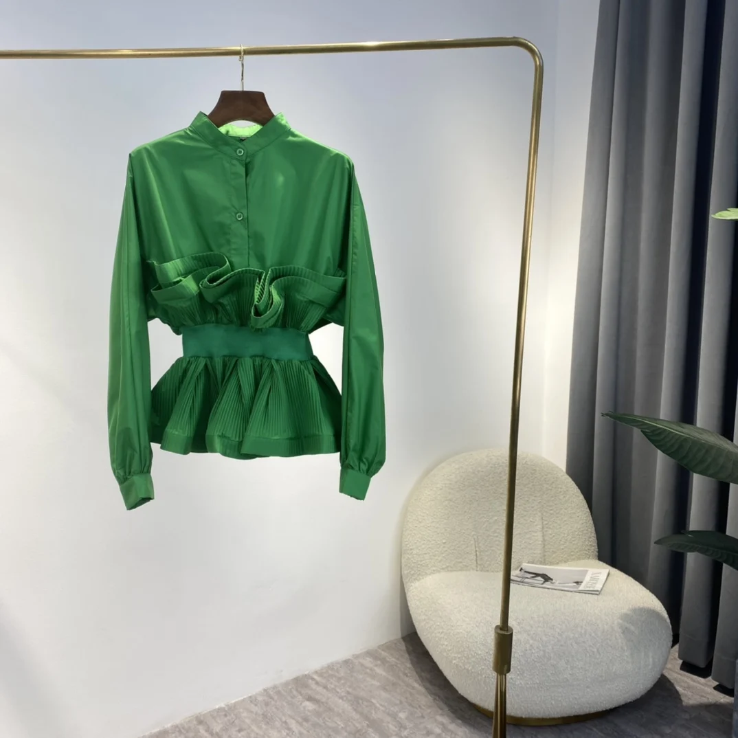 

Блузка женская плиссированная с оборками, Модный стильный топ с 3D декором, цвет зеленый/черный, оригинальный дизайн
