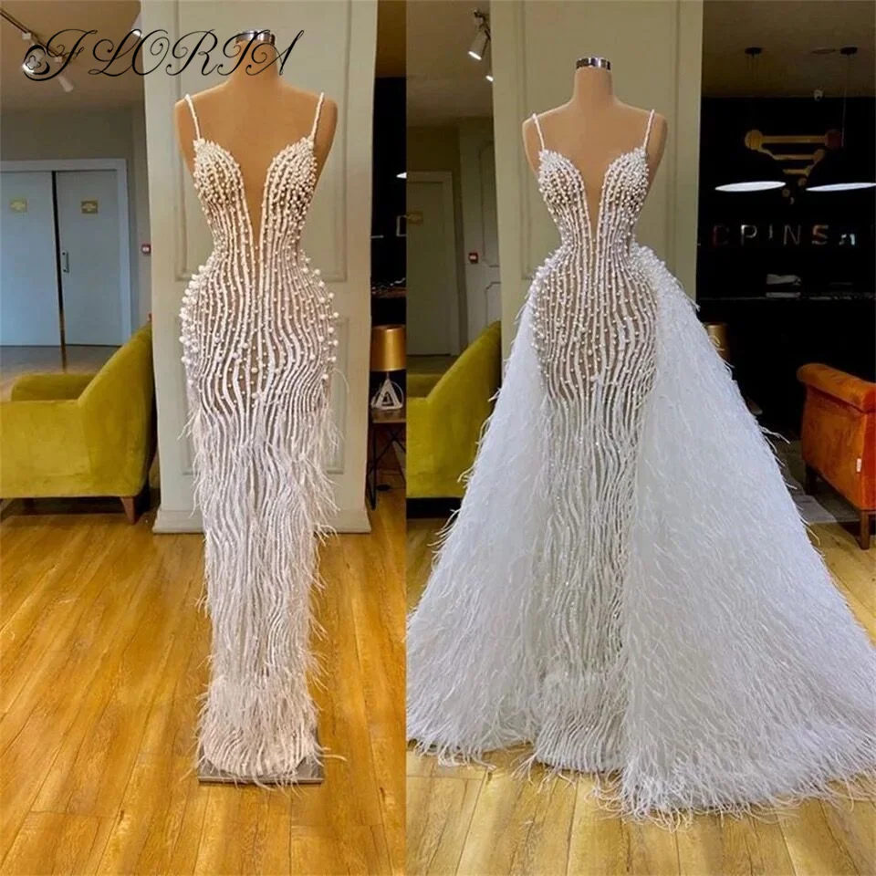 

Luxury Full Pearls Feather Mermaid Evening Dresses with Detachable Train Spaghetti See Thru Wedding Party Gown Robes De Soiree