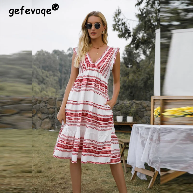 

Женское платье в полоску, с V-образным вырезом, без рукавов