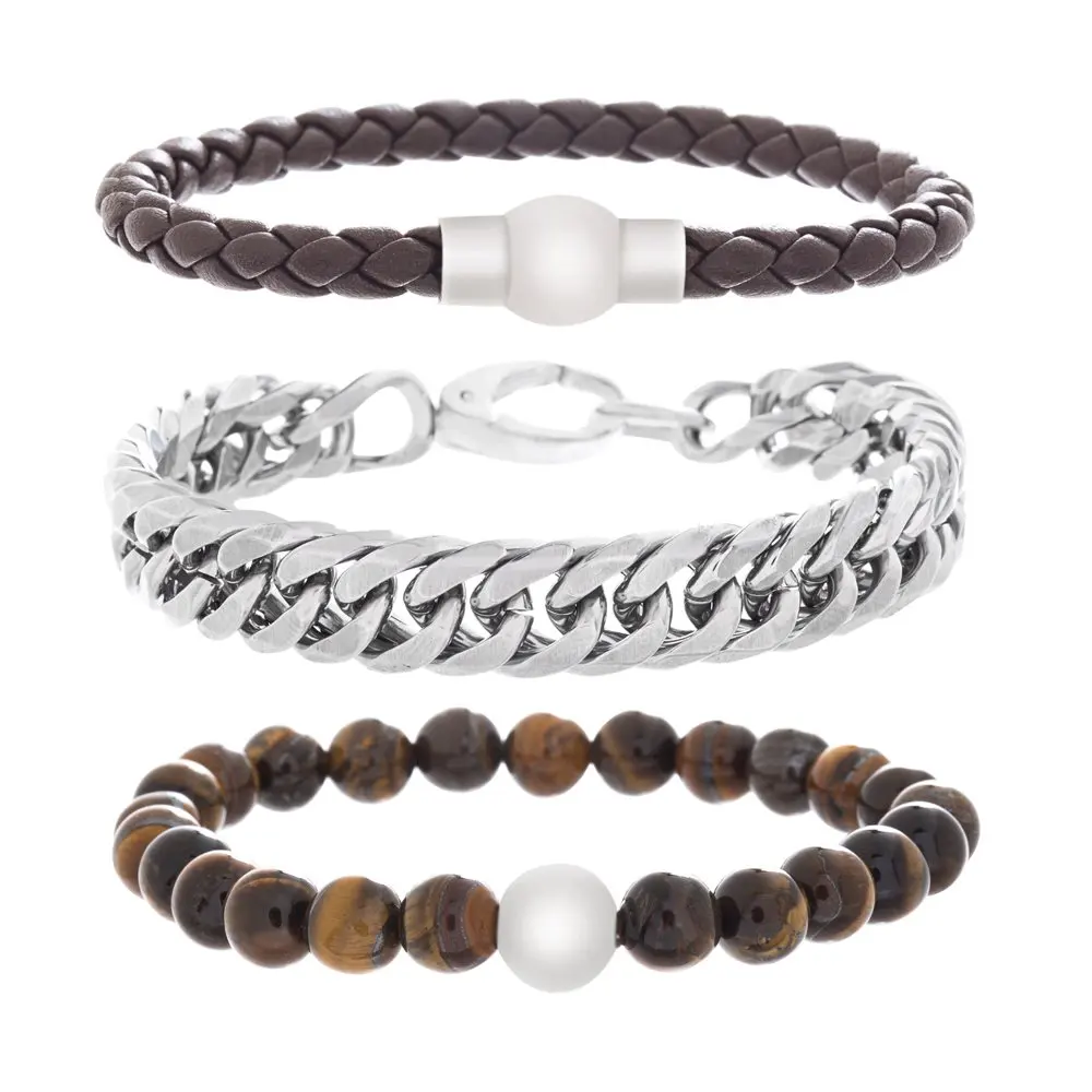 

Trio Black Leather `s Eye Beaded Cuban Link Chain Bracelet Set in Stainless Steel for Men
