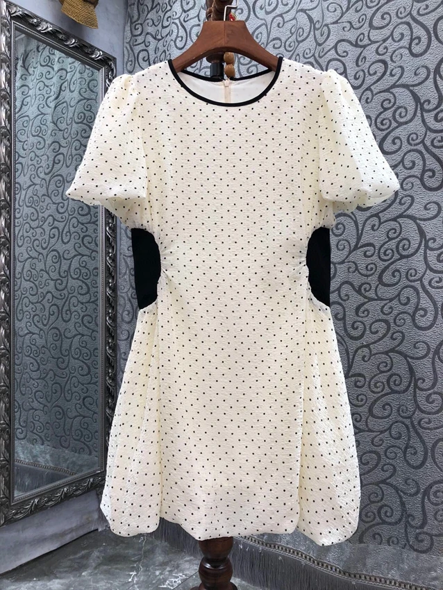 2023 new women fashion bubble lantern short sleeve round neck small polka dot print waist dress 0609