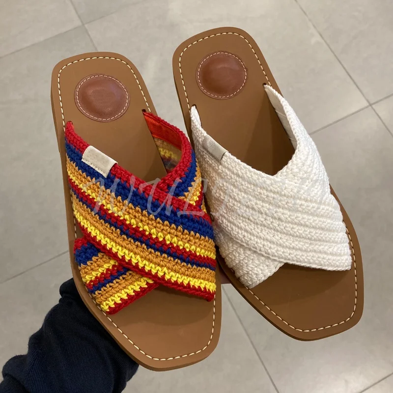 

Brown Flat Slippers Colorful Espadarille Square Slingback Sandals Women Blue Red White Concise Casual Mixed Colors Outdoor Shoes