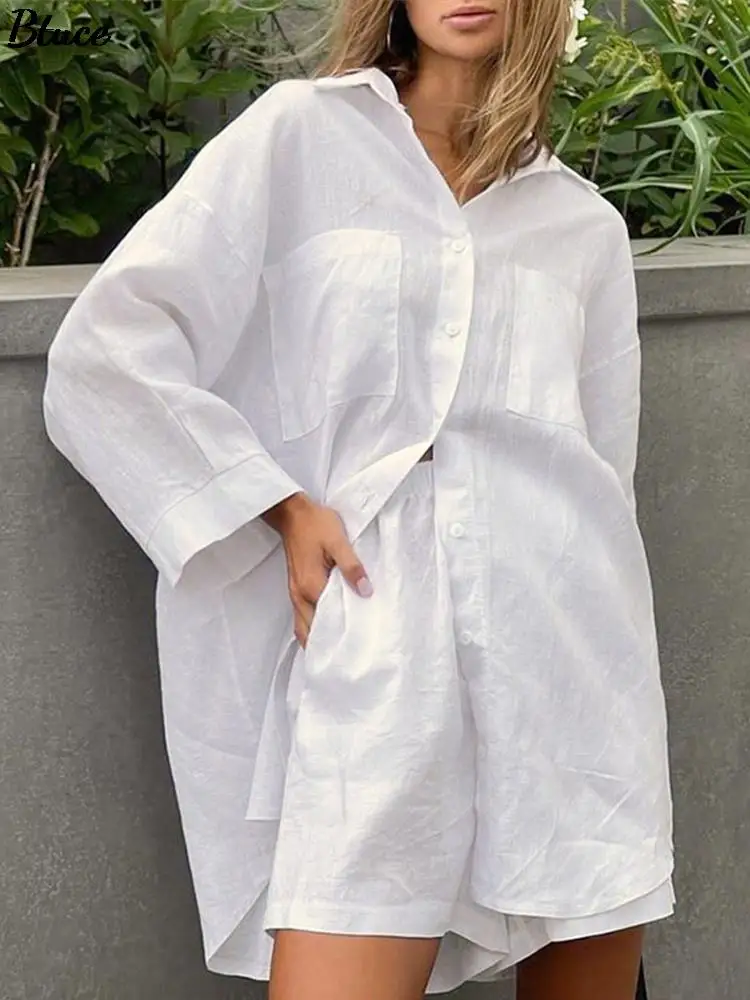 Women Cotton Linen Oversized 2 Piece Set Loose Long Sleeve Shirts And Mini Shorts Suit Summer White Casual Fashion Outfits