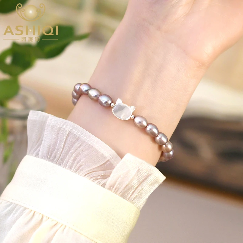 

ASHIQI Natural Freshwater Pearl Cat Cute Bracelet Elastic Rope Fashion Jewelry for Women New Trend