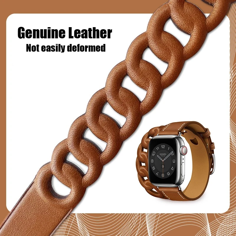 Gourmette Double Tour For Apple Watch band 44mm 40mm 45mm 41mm 38mm 42mm Genuine Leather Strap bracelet iWatch serier 7 6 5 4 se
