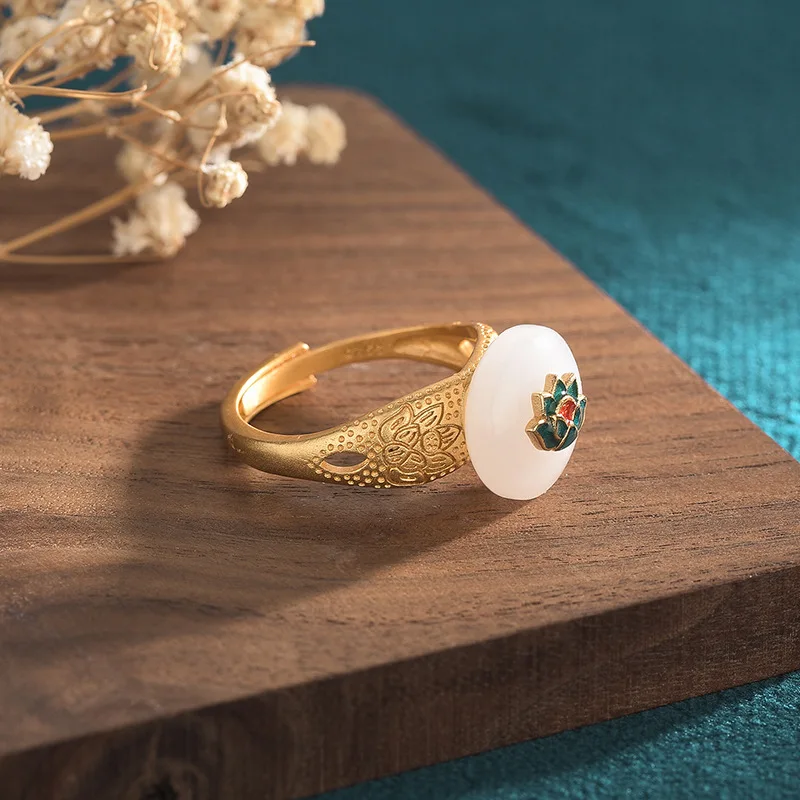 

White Jade Lotus Rings Adjustable Ring Chinese Natural Gift Fashion Women Luxury Designer 925 Silver Jewelry Vintage Charm