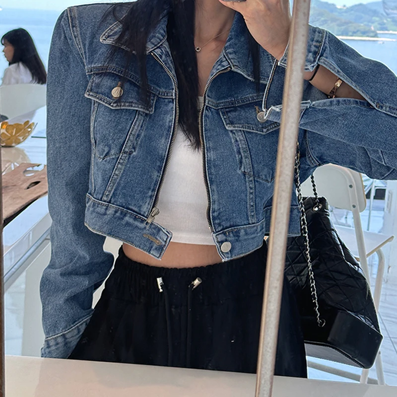 Модное джинсовое пальто с отложным воротником и длинным рукавом свободные