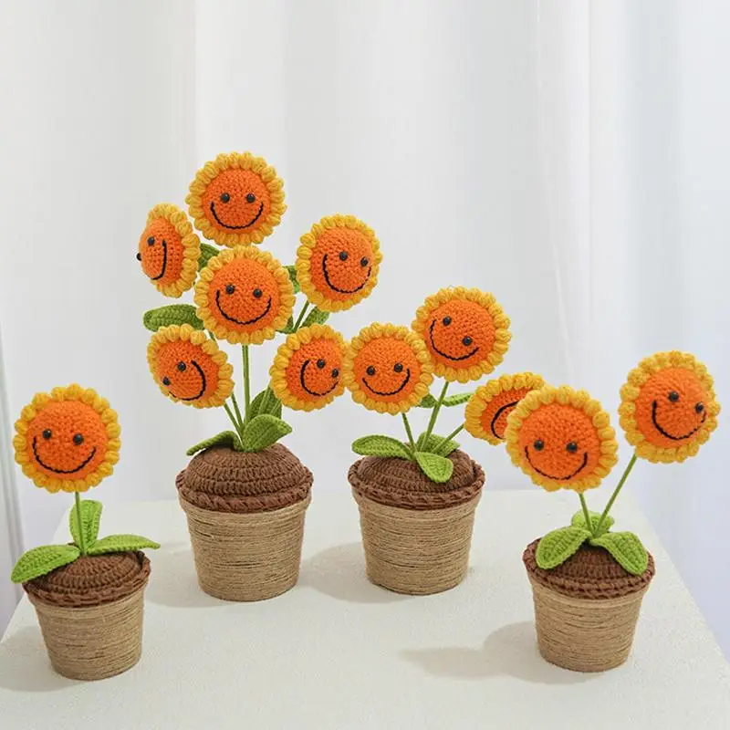 

Homemade Crochet Flower Finished Hand Woven Sunflower Hand Knitted Immortal Flower Crochet Potted Plant Balcony New Year