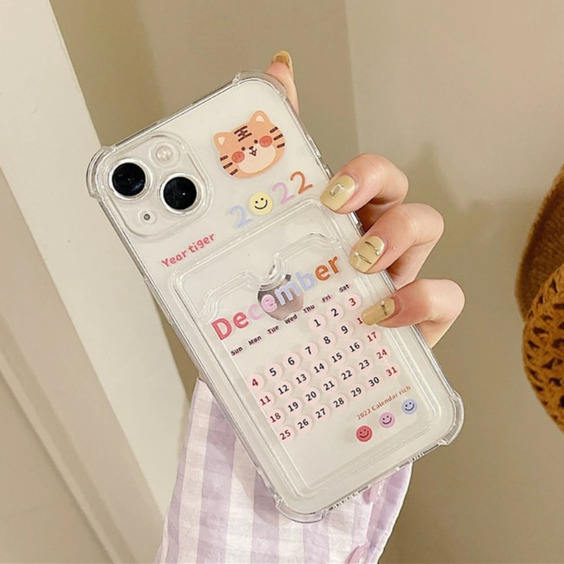 

Cute Tiger 2022 Calendar Clear Card Holder Phone Case For iPhone 13 11 12 Pro X XR XS Max 12MNI 7 8 Plus Shockproof Wallet Cover