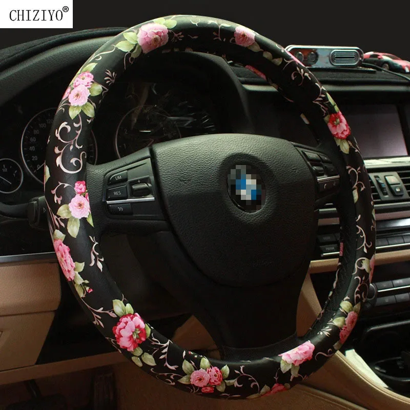 

37-38CM PU Leather Chinese National Style Peony Car Steering Wheel Cover For Woman Lady Skidproof Anti-Slip Cover Car-styling