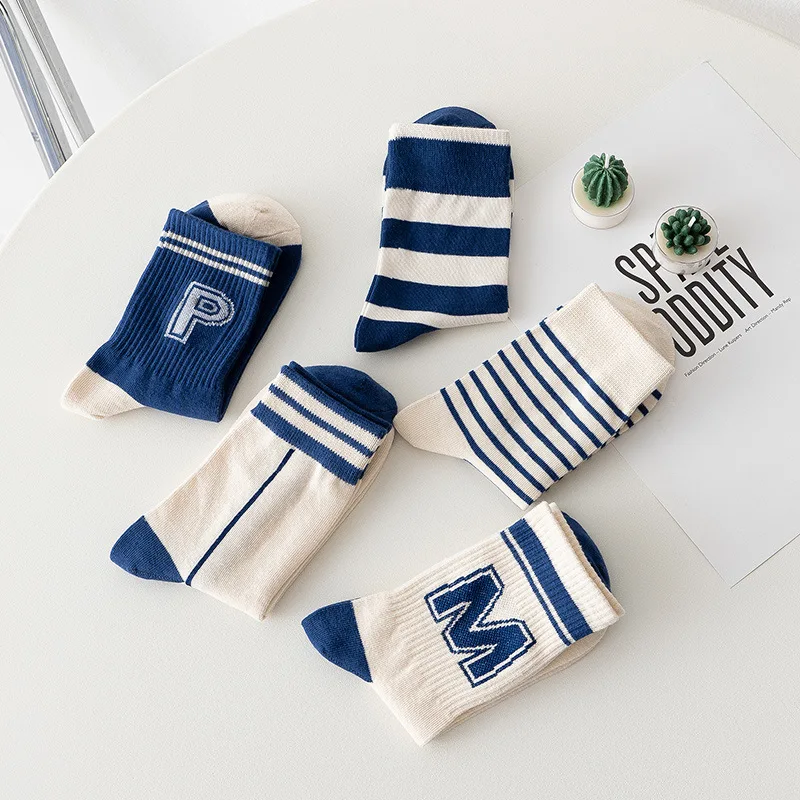 

Stripes Letters Socks Women Simple Fashion Cotton Sock Woman Blue Long Ladies Sock Spring Autumn Casual Comfortable Soft Sock