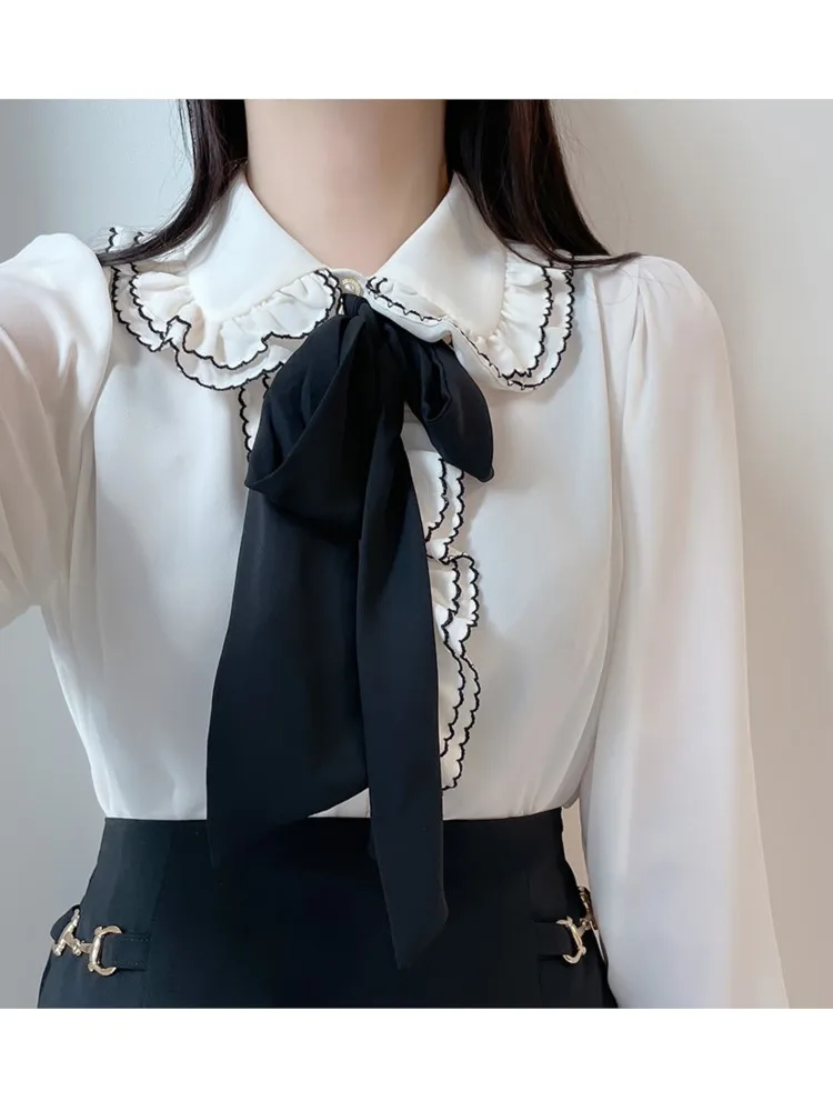Блузка женская с рюшами милая винтажная формальная рубашка пуговицами в