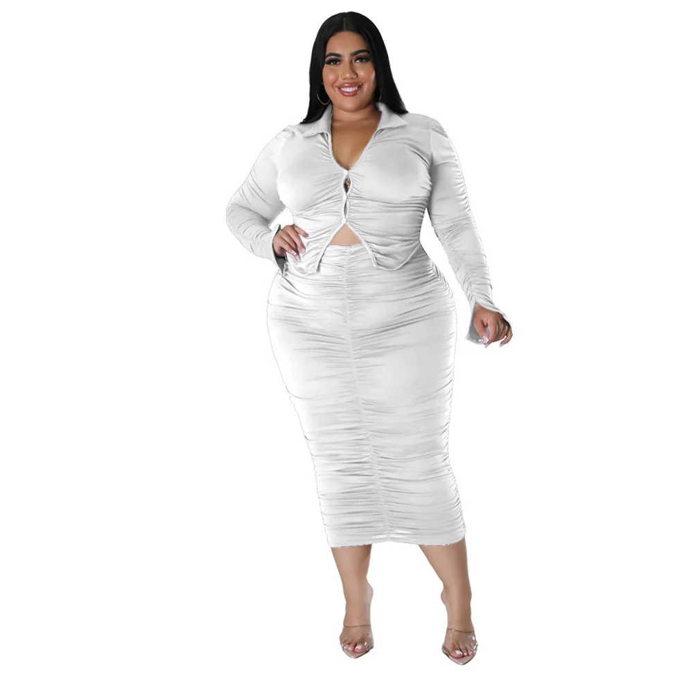 Plus Size Women's Wear Sets Spring New Solid Pleated V-Neck Top Slim Skirt Suit Sexy Elegant Ladies Street Two-piece Set