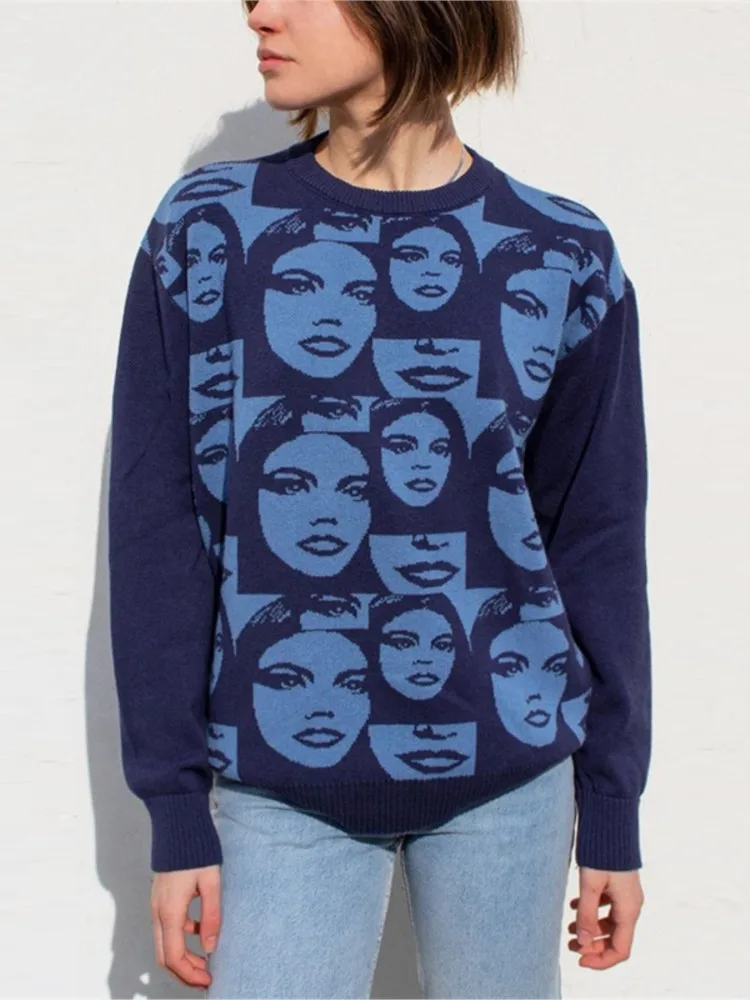 

Женский свитер с круглым вырезом, винтажный трикотажный пуловер оверсайз в стиле Харадзюку, свитер в готическом стиле, уличная одежда, Y2k