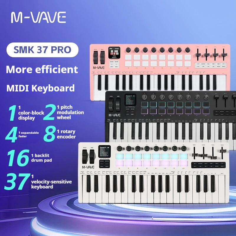 Фото Портативный MIDI-контроллер M-VAVE SMK-37 Pro с 37 клавишами ​   С встроенным синтезатором, 8 регуляторами, 16 RGB-педалями и 37-клавишной панелью для перкуссии. №2