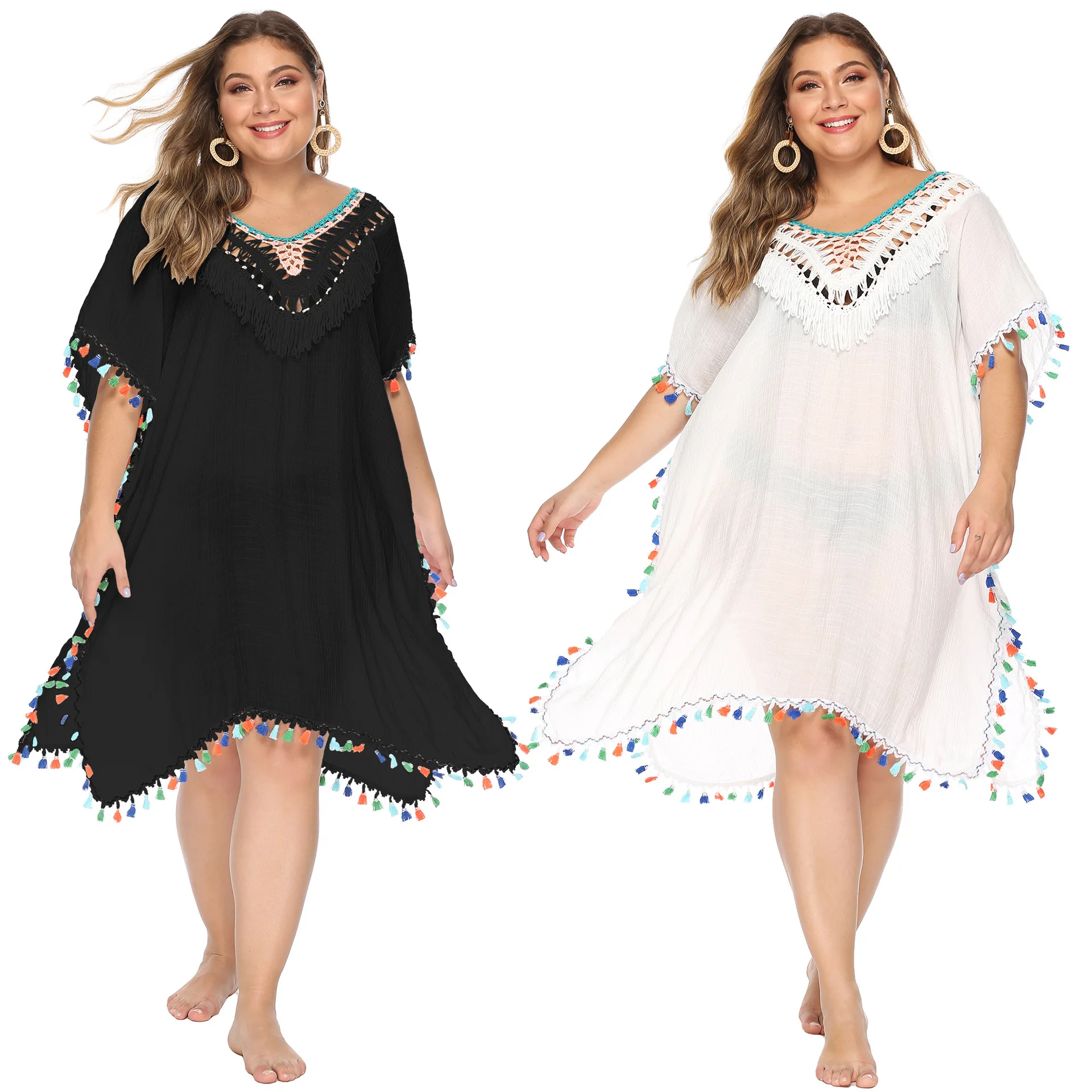 

Tassel Women Dresses Summer 2022 Irregular Stitching Colorful Deep V Sexy Loose Large Size Blouse Backless Beach Cover Up