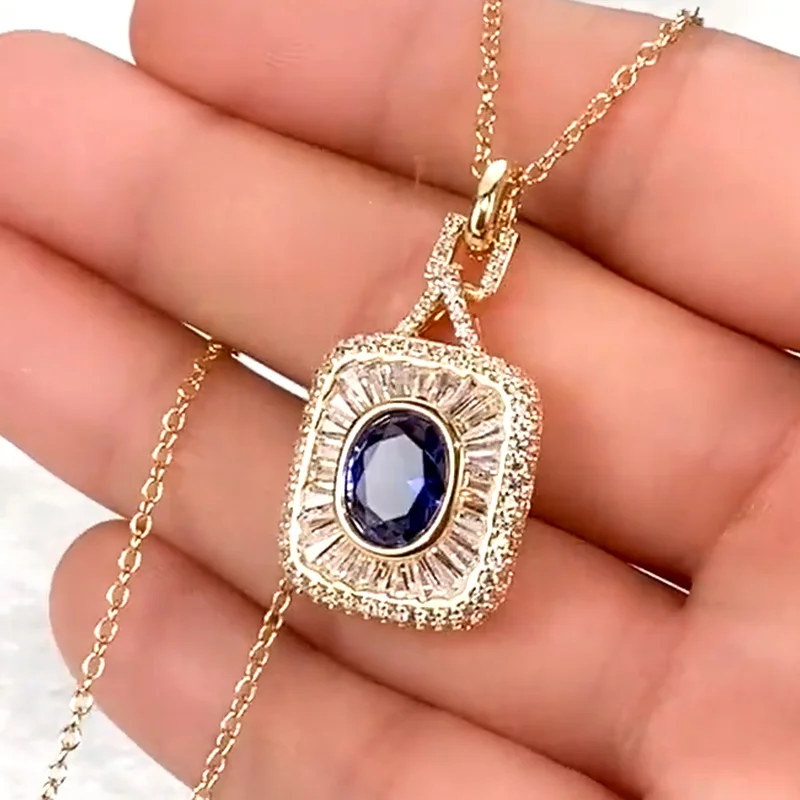 

New Gorgeous Women Wedding Necklaces Gold Color Square Shape Pendant Full Paved Shiny Cubic Zirconia Brilliant Female Jewelry