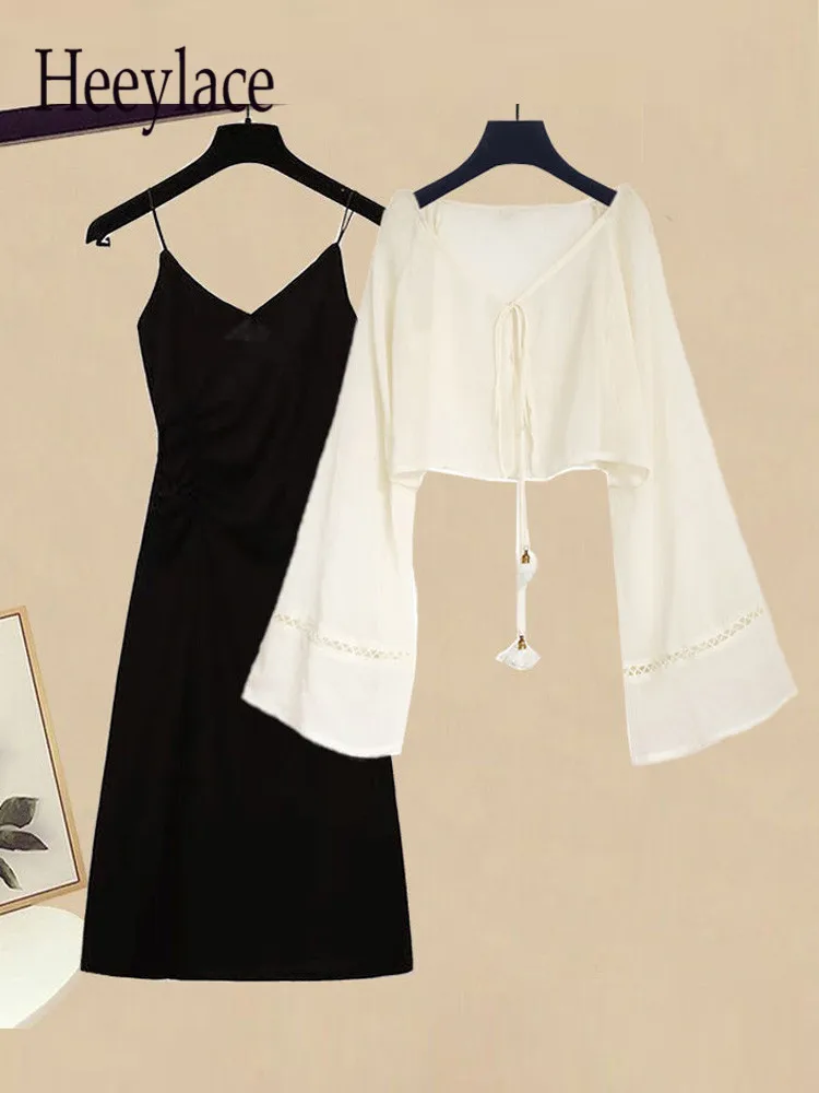 

Women Summer Dresses Sets Korean Casual Straps Vest Black Dresses And Flare Sleeve Sunscreen Two Pieces Set Suits