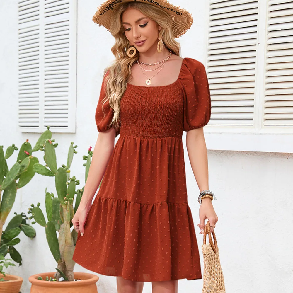 

2023 Summer Elegant Knee Length Dress Fashion Simplicity Square Neck Short Sleeve Casual Party Dresses For Women Vestidos