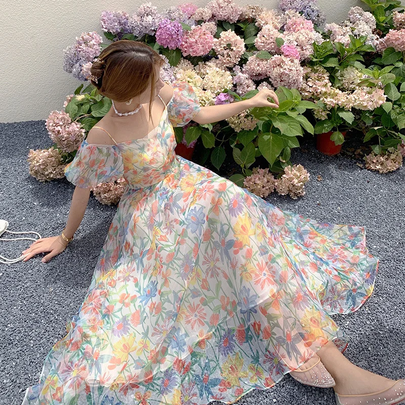 

Summer Floral Print Off Shoulder Long Dress Women Sweet Puff Sleeves Thin Straps Elegant Long New Dresses For Women