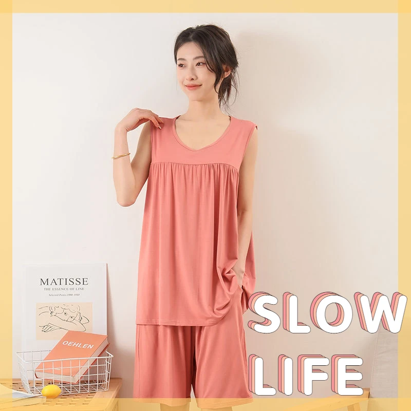 Women's Sleeveless Pajamas Set Cotton Summer Thin Section Round Neck Loose Shorts Comfortable Loose Sexy and Casual Sleepwear