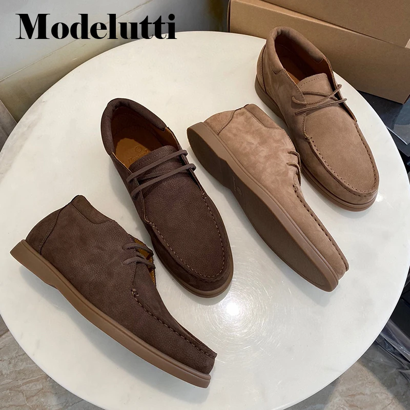 

Modelutti 2022 New Fashion Genuine Leather Vintage Men Solid Color Simple Lacing High Gang Flat Casual Men's Shoes Female