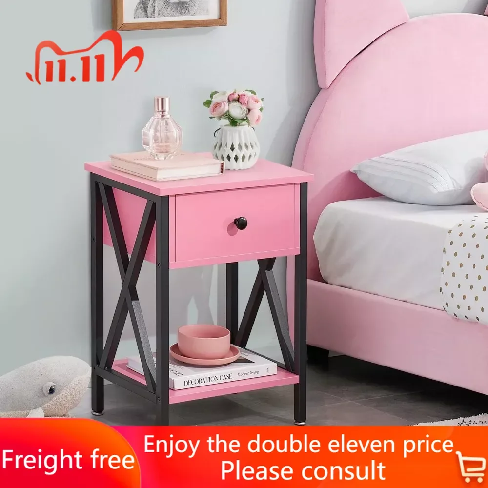 

Kids Nightstand, Children's Bedroom Bedside Table with Drawers, Industrial Metal Frame, Pack of 1, Pink Kid Bedroom Furniture