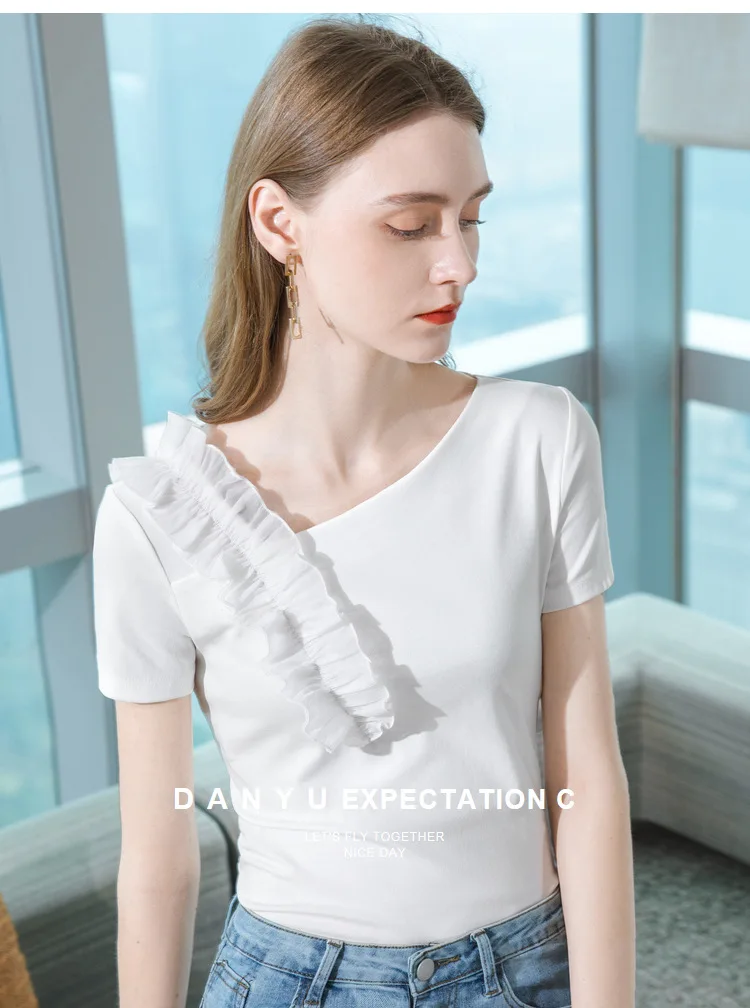 

Женская футболка с коротким рукавом, лето 2023, новинка, блузка во французском стиле с оборками и косыми плечами и V-образным вырезом, gray22