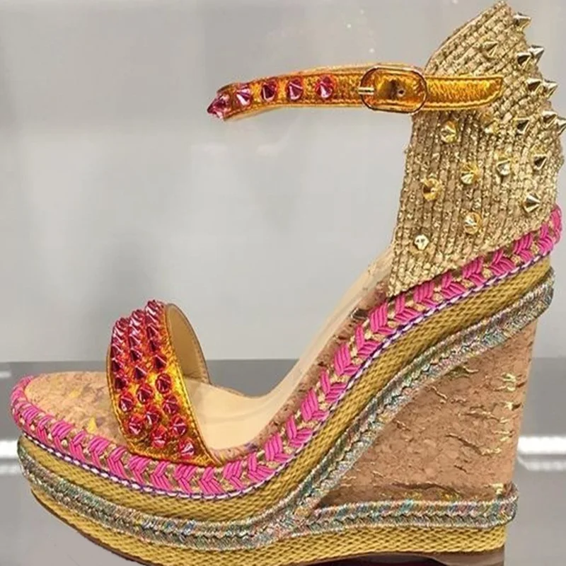 

Multicolour Spiked Studded Wedge Heel Sandals Platforms Ankle Strap Open Toe Espadrille Wedge Sandal Cutouts Glitter Dress Shoes