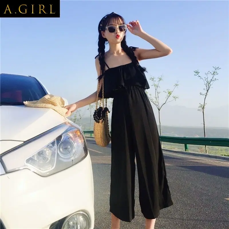 Jumpsuits Women Loose Thin Summer Holiday Beach All-match Elegant Black Ruffles Clothing Ladies Leisure Sweet Simple Sexy Mujer